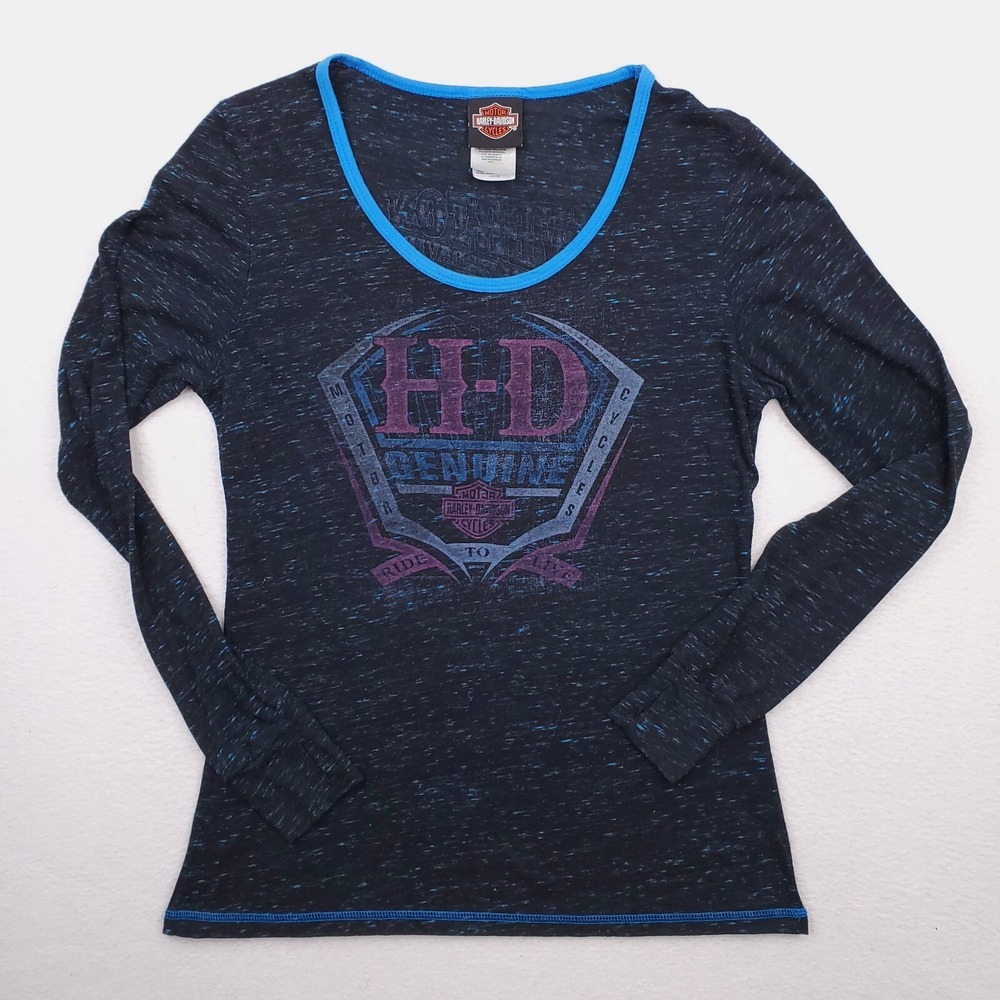 Harley Davidson‎ Shirt Womens L Black Blue Silverton Colorado Burnout Thumbhole